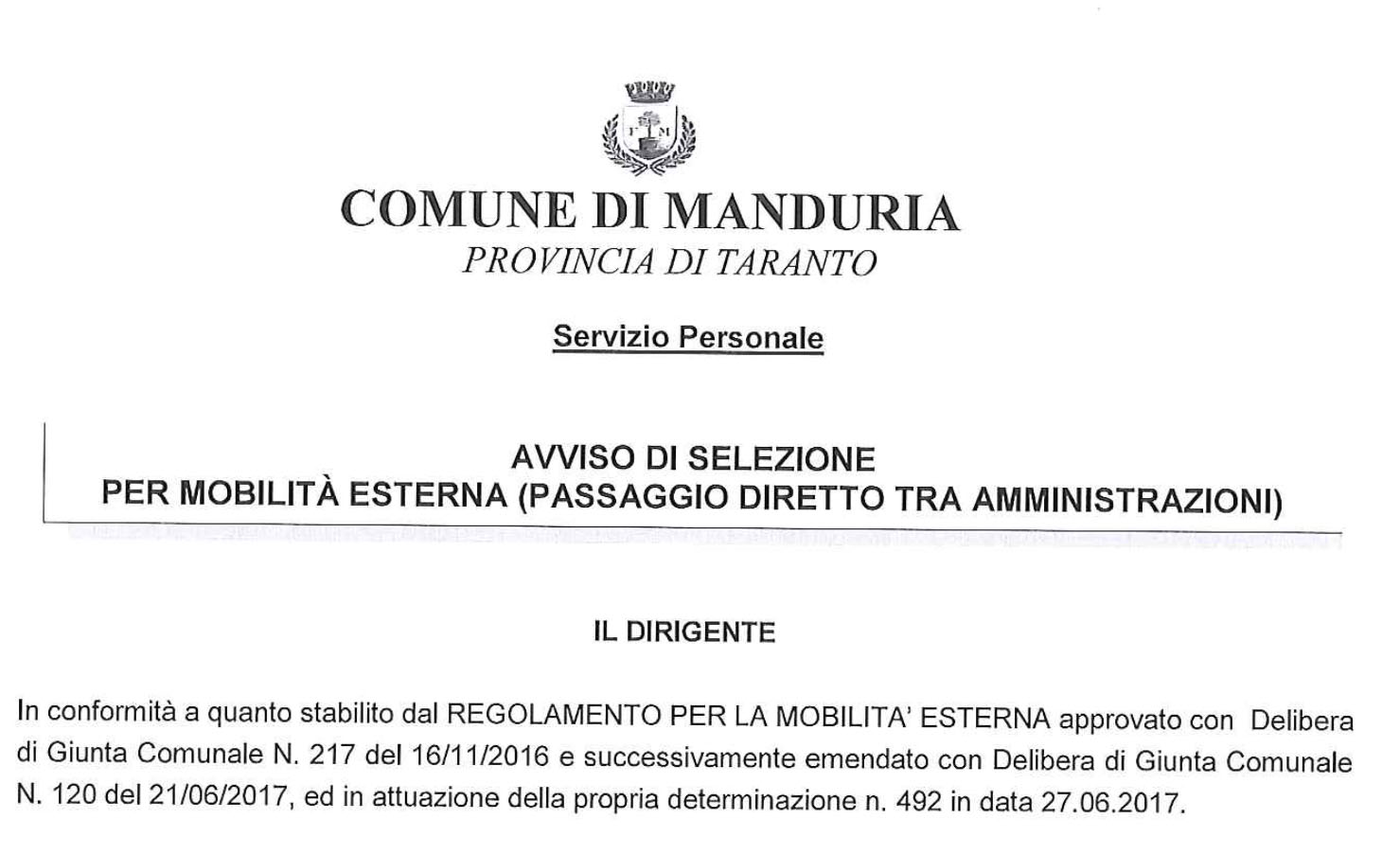 Avviso di selezione per mobilit esterna a Manduria