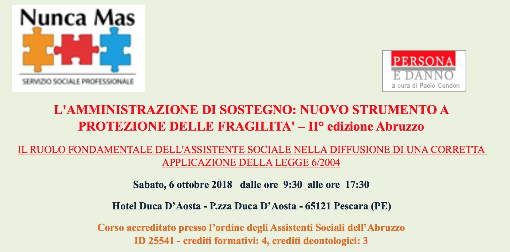 L'Amministrazione di sostegno, corso il 6 ottobre a Pescara