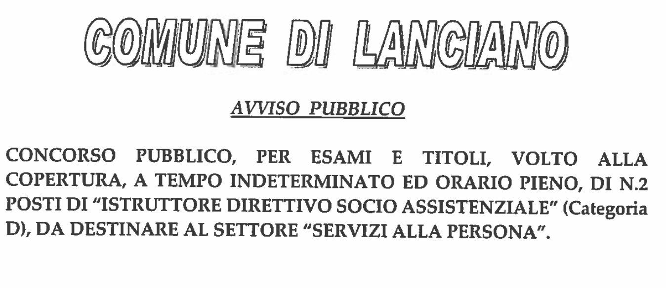 Concorso per due posti da istruttore socio assistenziale al Comune di Lanciano